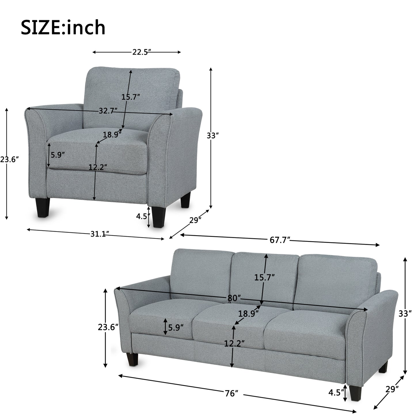 Living Room Furniture chair and 3-seat Sofa (Gray)