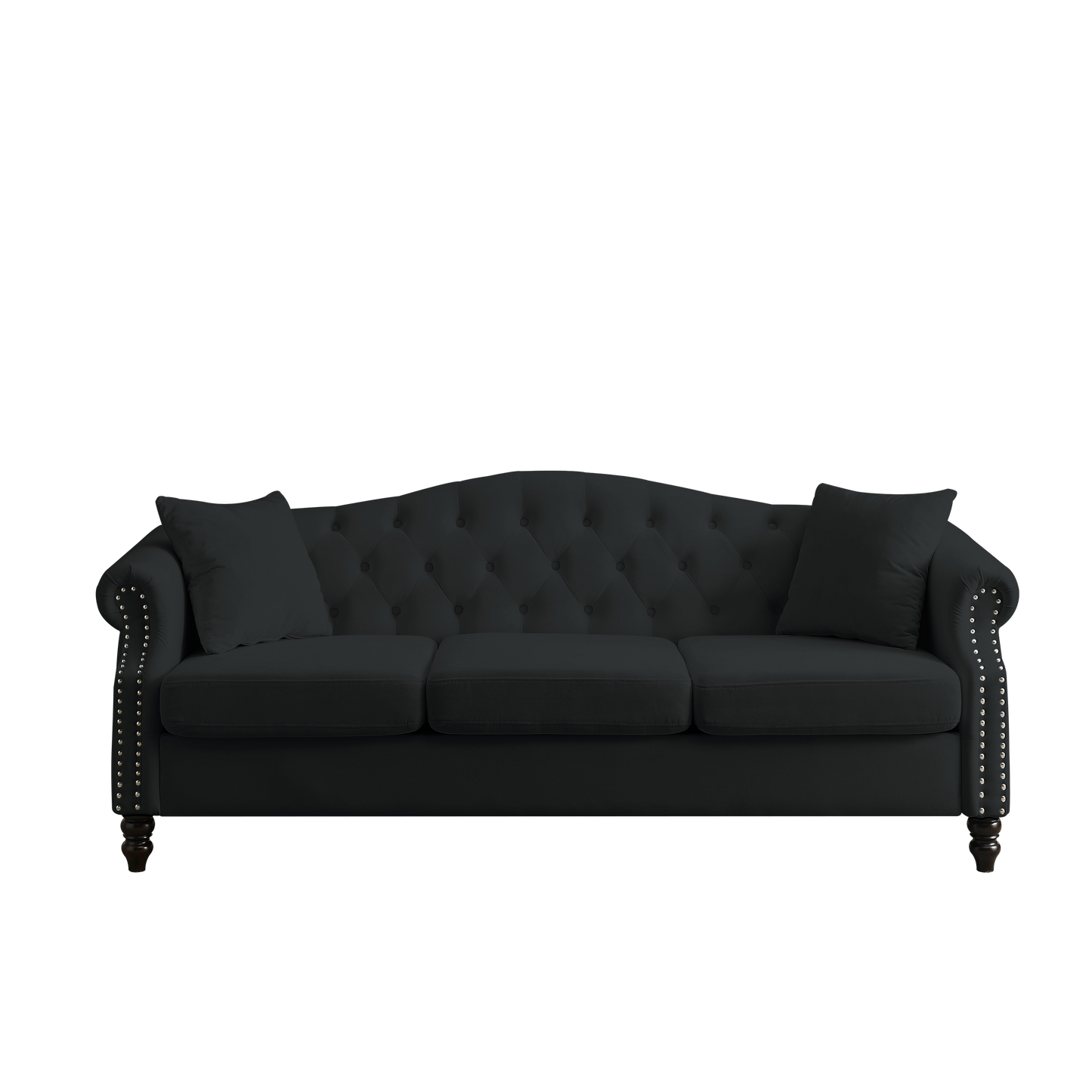 79" Chesterfield Sofa Black Velvet for Living Room, 3 Seater Sofa Tufted Couch with Rolled Arms and Nailhead for Living Room, Bedroom, Office, Apartment, two pillows