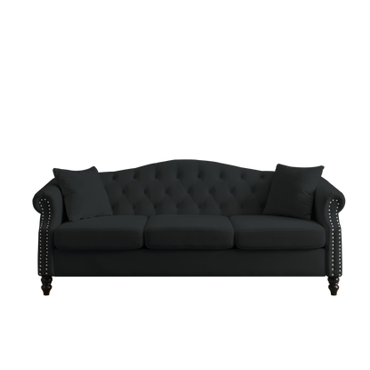 79" Chesterfield Sofa Black Velvet for Living Room, 3 Seater Sofa Tufted Couch with Rolled Arms and Nailhead for Living Room, Bedroom, Office, Apartment, two pillows