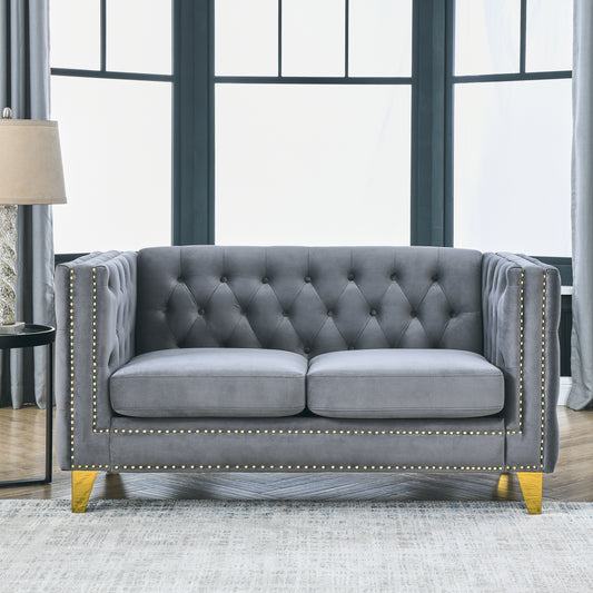 Velvet Sofa for Living Room,Buttons Tufted Square Arm Couch, Modern Couch Upholstered Button and Metal Legs, Sofa Couch for Bedroom, Grey Velvet-2S(W834S00051)