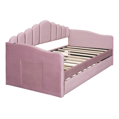 Twin size Upholstered Daybed with Trundle,Velvet Sofabed with USB Charging Ports,No Box-spring Needed,Pink