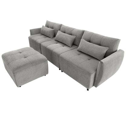 113.3" Convertible Sectional Sofa Couch 3-Seat L-Shaped Sofa with Movable Ottoman and USB for Apartment, Living Room, Bedroom, Grey