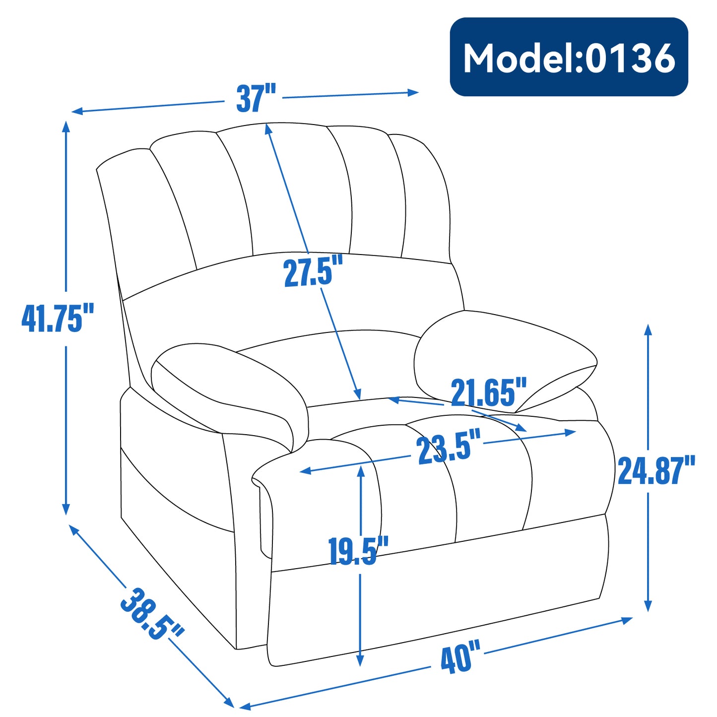 Large Manual Recliner Chair in Fabric for Living Room, Grey