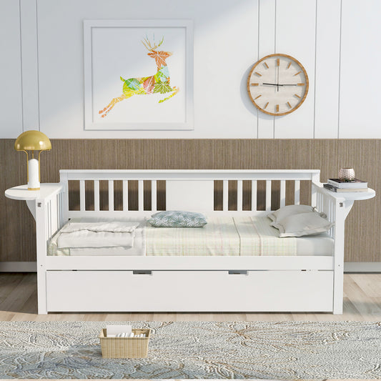 Wooden Daybed with Trundle Bed, Sofa Bed for Bedroom Living Room, White