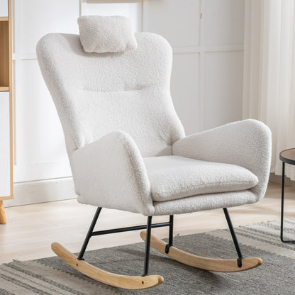 35.5 inch Rocking Chair with Pocket, Soft Teddy Fabric Rocking Chair for Nursery, Comfy Wingback Glider Rocker with Safe Solid Wood Base for Living Room Bedroom Balcony (white)