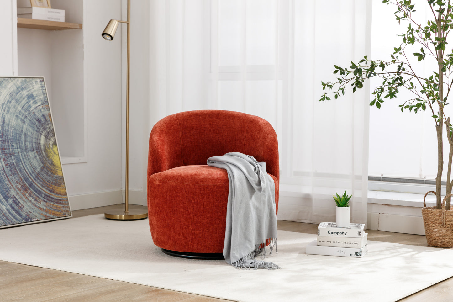 Fabric Swivel Accent Armchair Barrel Chair With Black Powder Coating Metal Ring,Orange