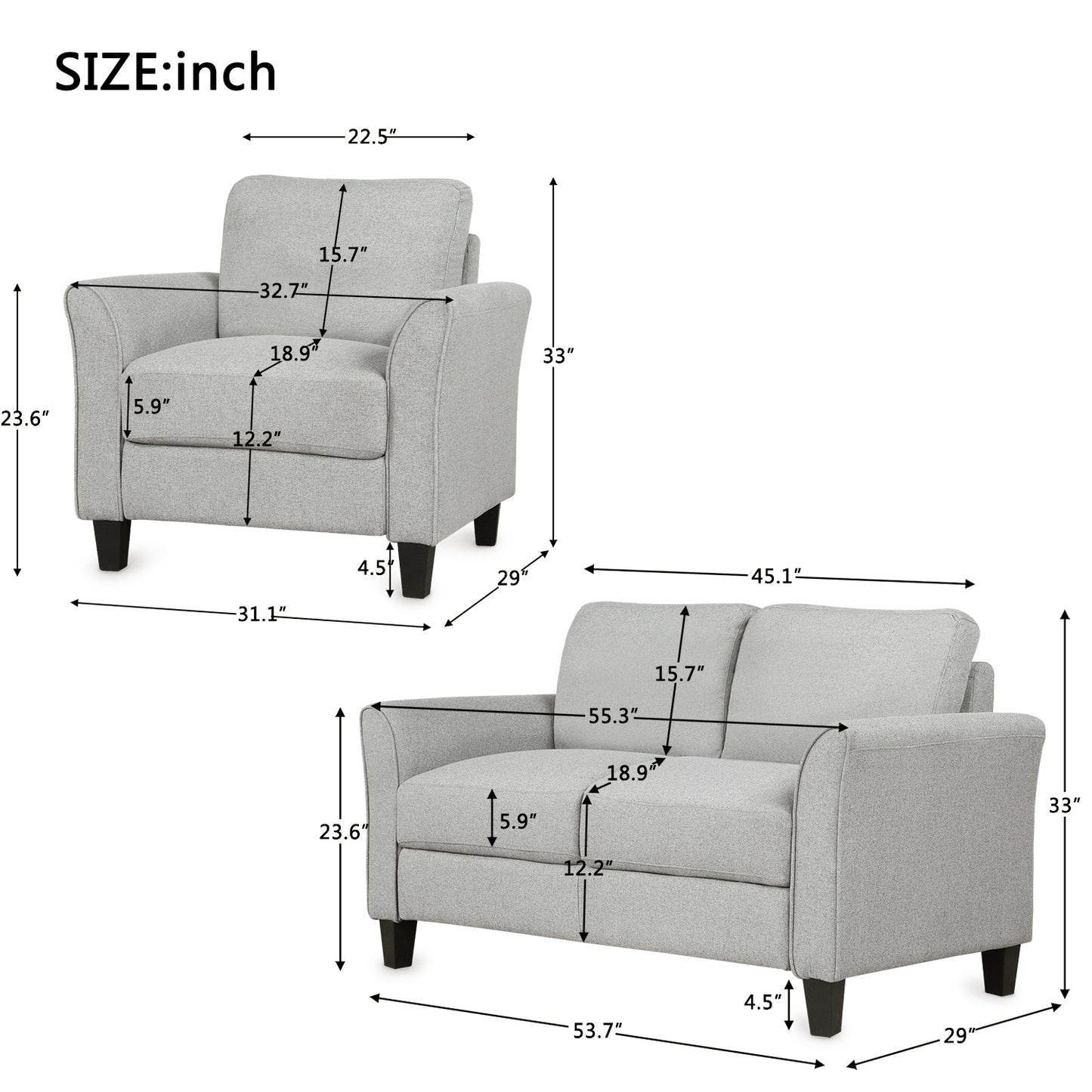 Living Room Furniture Armrest Single Sofa  and Loveseat Sofa (Light Gray)