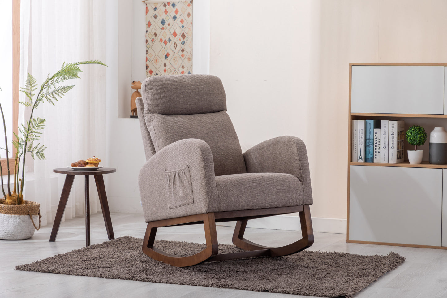 Rocking Chair, Modern Glider Chair, Recliner Armchair with Wood Legs and Side Pocket, Nursery Rocking Accent Chair with High Back for Living Room Bedroom (Grey linen)