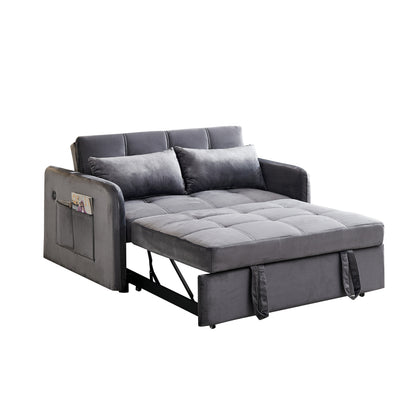 55.5" Twins Pull Out Sofa Bed Grey Velvet