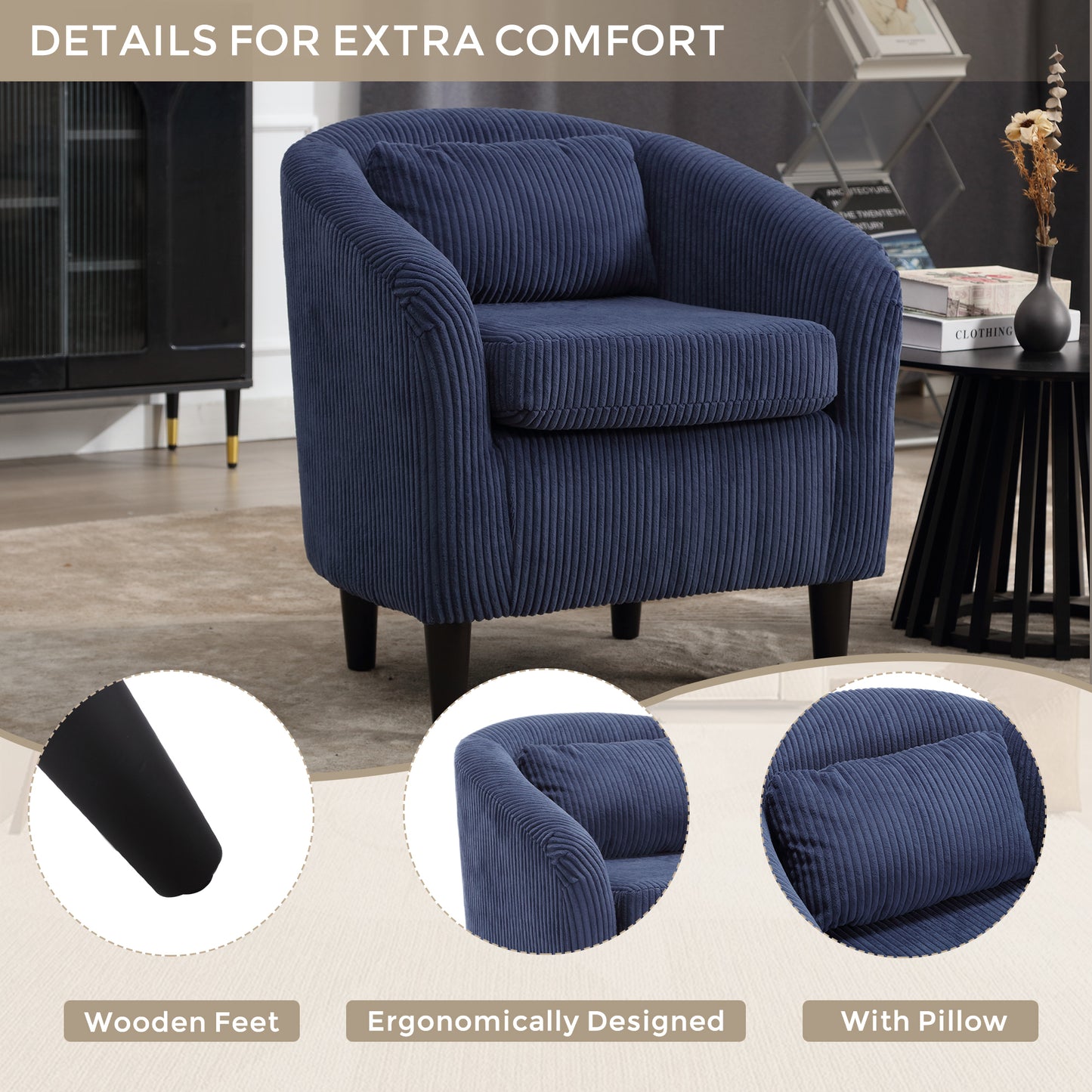 Living Room Accent Barrel Chair, Century Modern Style Decorative Chair, Armchair for Living Room with Thick Cushions and Pillows, Comfy Single Sofa Chair, Chair with Wooden Legs,Blue