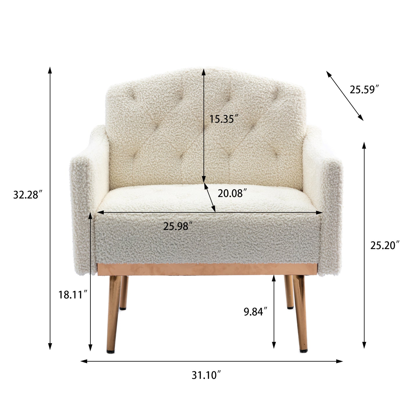 Modern Accent Chair with Arms, Tufted Decorative Fabric Armchair with Gold Metal Legs, Upholstered Reading Chair for Living Room Bedroom Office