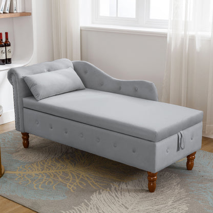 Grey Chaise Lounge Indoor,Velvet Lounge Chair for Bedroom with Storage & Pillow,Modern Upholstered Rolled Arm Chase Lounge for Sleeping with Nailhead Trim for Living Room Bedroom Office