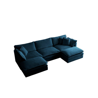 U-Shaped Sectional Sofa w/Reversible Footrest, 5-Seater Convertible Corner Couch with 2 Ottomans,Modern Minimalist Soft Sofa & Couch for Living Room, Blue Chenille