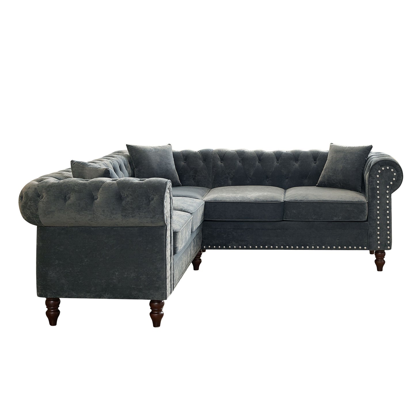 80" Deep Button Tufted Upholstered Roll Arm Luxury Classic Chesterfield L-shaped Sofa 3 Pillows Included, Solid Wood Gourd Legs, Grey velvet