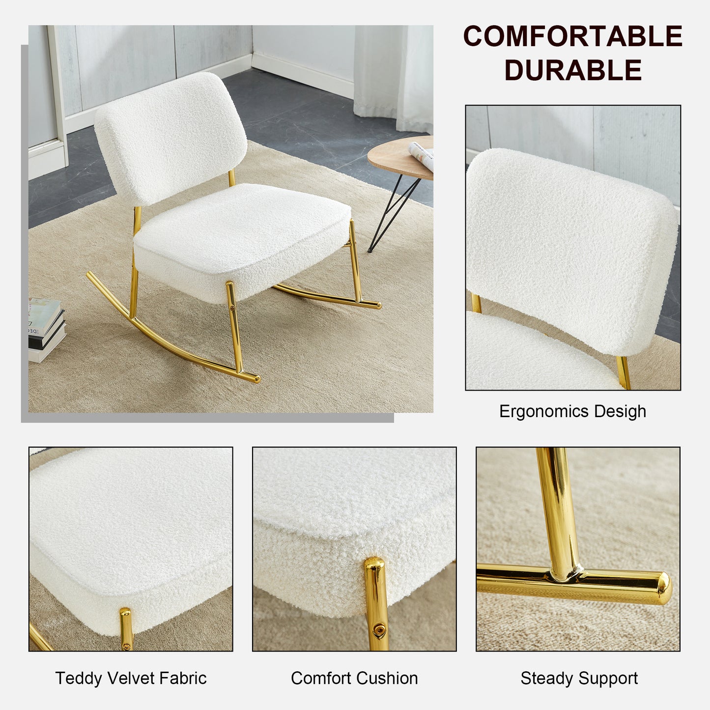 Teddy suede material cushioned rocking chair, unique rocking chair, cushioned seat, white rocking chair with backrest and golden metal legs. Comfortable side chairs in living room, bedroom, office