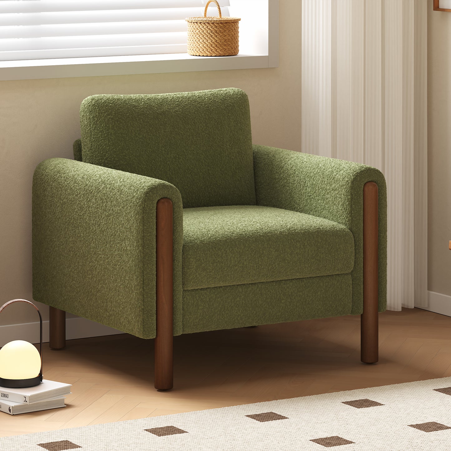 Oversized Accent Chair, Upholstered Living Room Chairs Single Sofa Chair with Walnut Legs, Curved handrail, Green