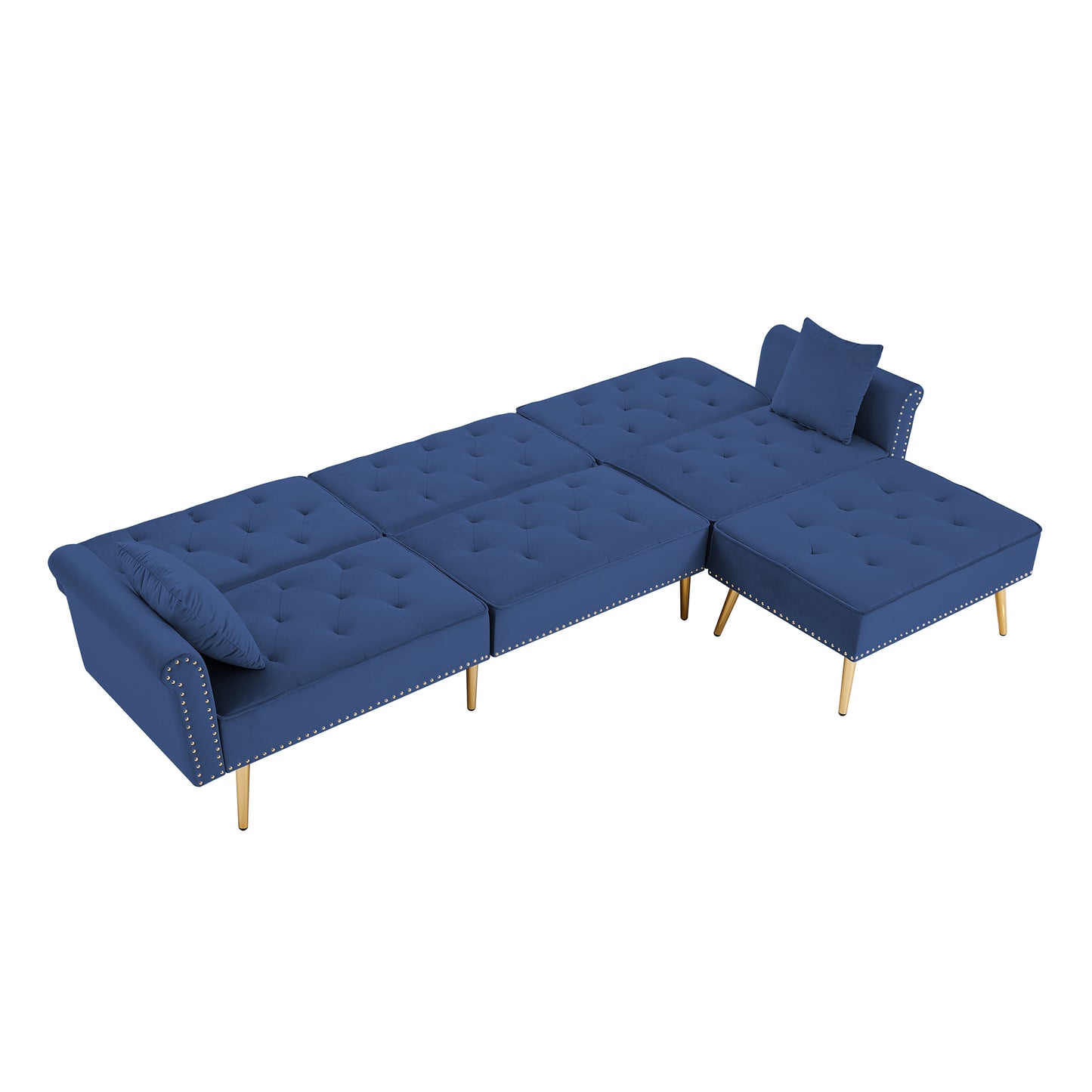 Modern Velvet Upholstered Reversible Sectional Sofa Bed, L-Shaped Couch with Movable Ottoman and Nailhead Trim For Living Room. (Blue)