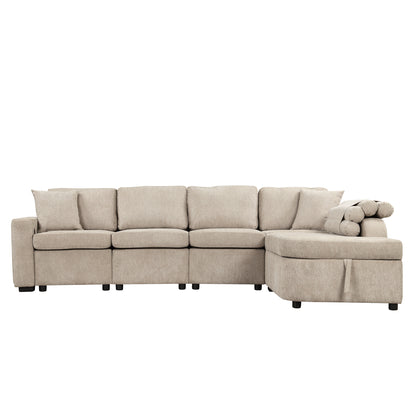 109.8"L-shaped Couch Sectional Sofa with Storage Chaise,Cup Holder and USB Ports for Living Room, Beige