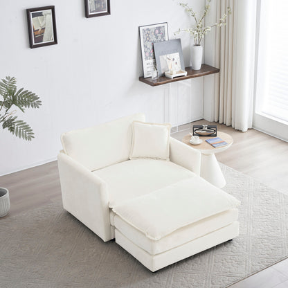 Modern Accent Chair with Ottoman, Living Room Club Chair Chenille Upholstered Armchair, Reading Chair for Bedroom, White