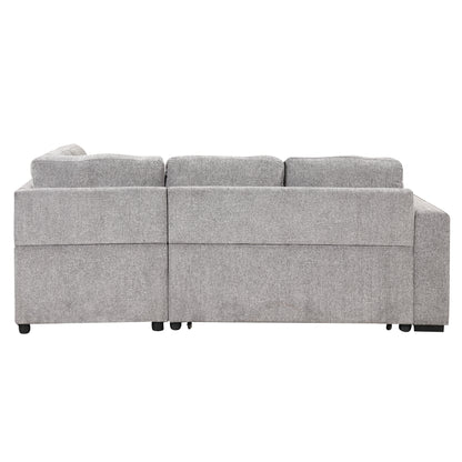 83.8" Sectional Pull-Out Sofa Bed L-Shaped Corner Sofa Couch with Storage Chaise, USB Ports, Power Sockets, Cup Holder for Living Room, Bedroom, Study, Light Gray