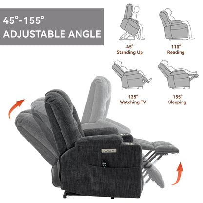 Large Power Lift Recliner Chair with Massage and Heat for Elderly, Overstuffed Wide Recliners, Heavy Duty Motion Mechanism with USB and Type C Ports, 2 Steel Cup Holders, Gray