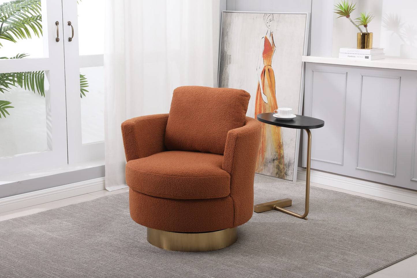 Teddy Swivel Barrel Chair, Swivel Accent Chairs Armchair for Living Room, Reading Chairs for Bedroom Comfy, Round Barrel Chairs with Gold Stainless Steel Base