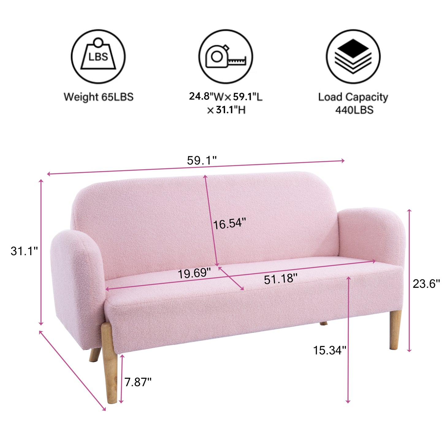 59.1" Teddy Velvet Pink Two-Seater Sofa with Three Lumbar Pillows