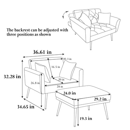 36.61'' Wide Modern Accent Chair With 3 Positions Adjustable Backrest, Tufted Chaise Lounge Chair, Single Recliner Armchair With Ottoman And Gold Legs For Living Room, Bedroom