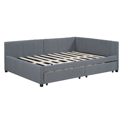 Full Size Upholstered Daybed with 2 Storage Drawers Sofa Bed Frame No Box Spring Needed, Linen Fabric (Gray)