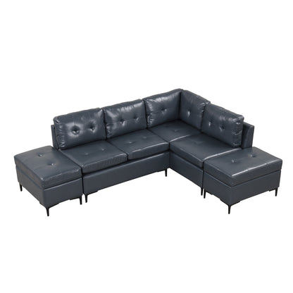 94.88" L-Shaped Corner Sofa Pu Leather Sectional Sofa Couch with Movable Storage Ottomans for Living Room, Blue