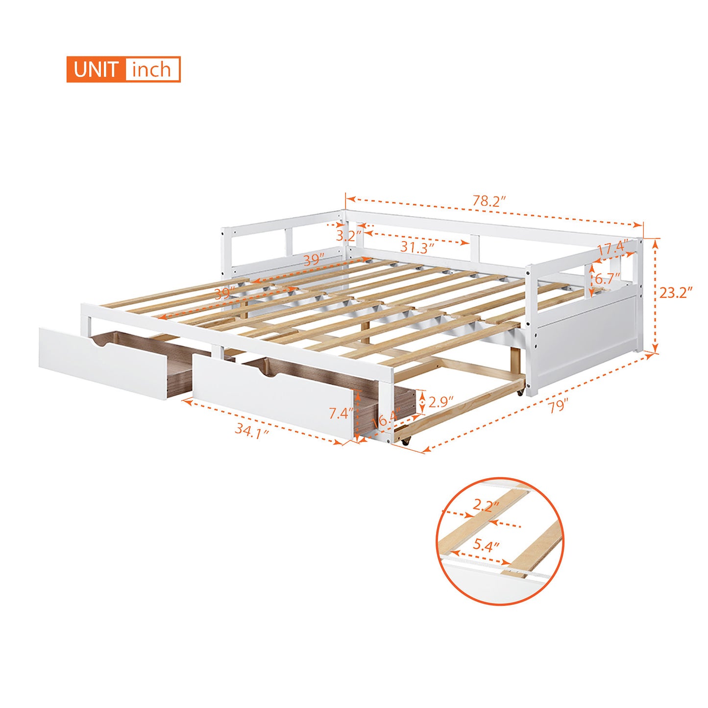 Wooden Daybed with Trundle Bed and Two Storage Drawers, Extendable Bed Daybed,Sofa Bed for Bedroom Living Room,White