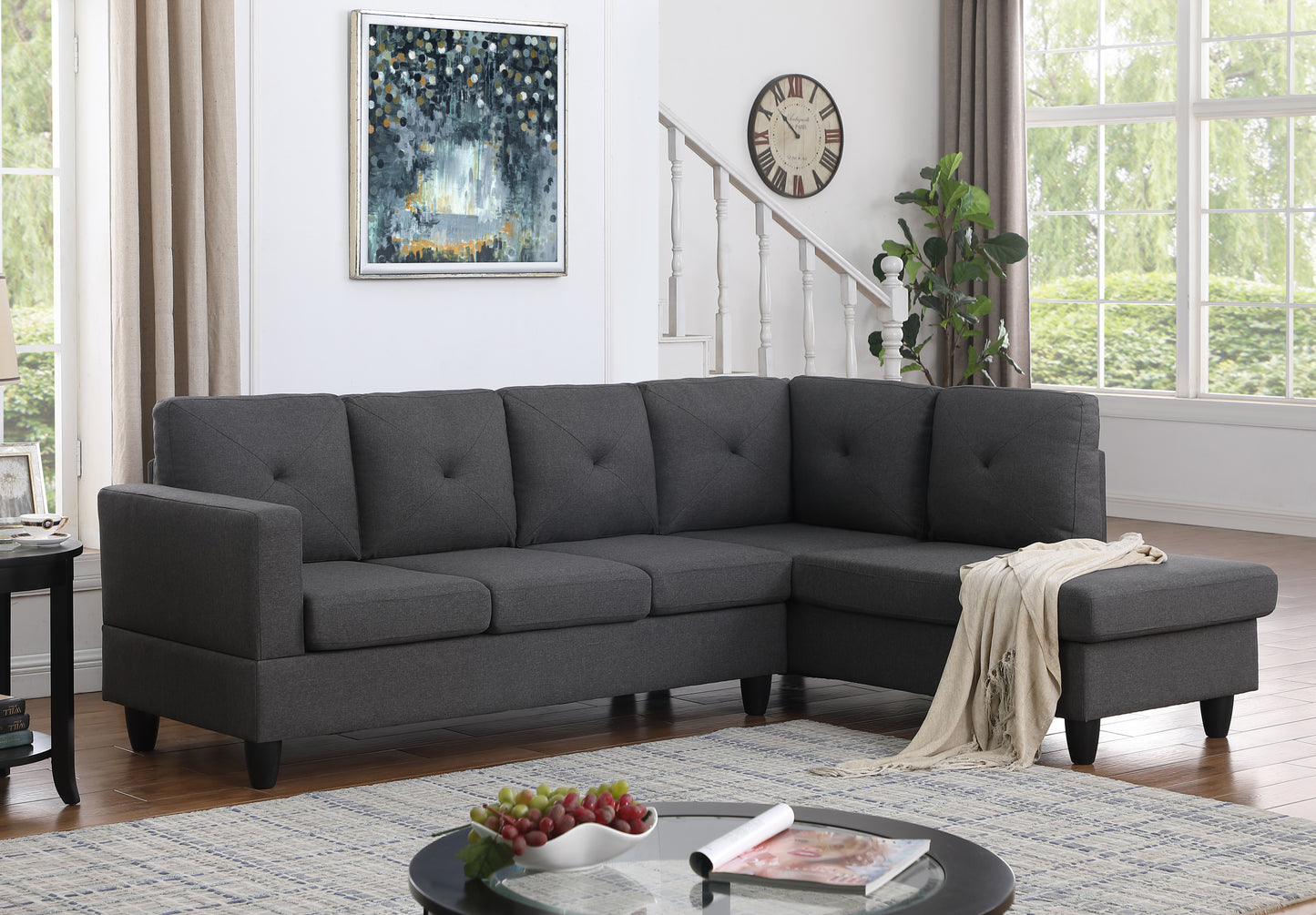 96" Dark Gray Linen Sectional Sofa with Right Facing Chaise