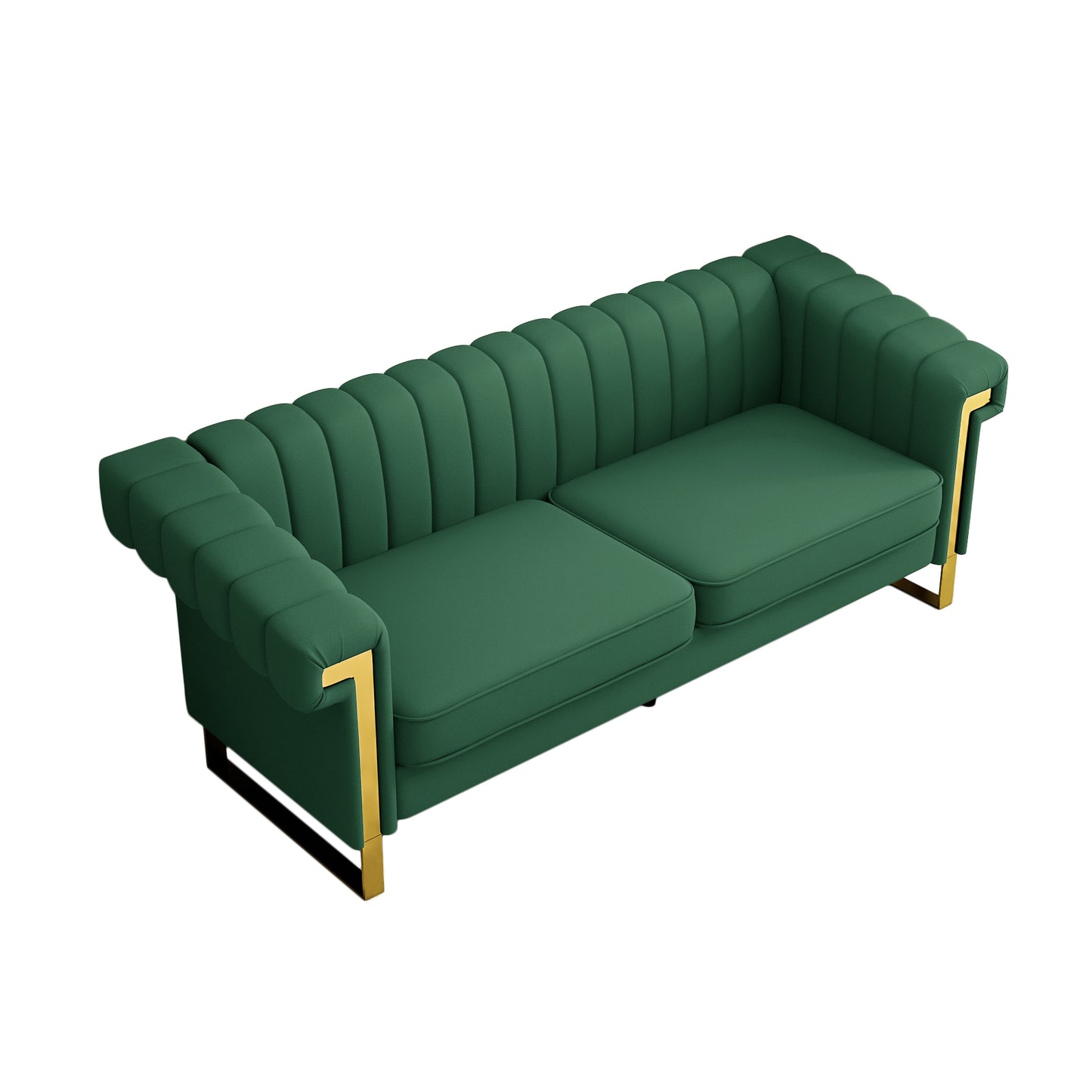 SOFA Modern Green PU Sofa with Gold Accents - Sleek Channel-Tufted Upholstery, 3-Seat Couch for Living Room and Office Decor