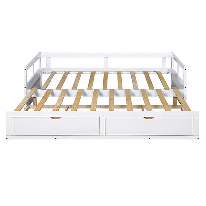 Wooden Daybed with Trundle Bed and Two Storage Drawers, Extendable Bed Daybed,Sofa Bed for Bedroom Living Room,White