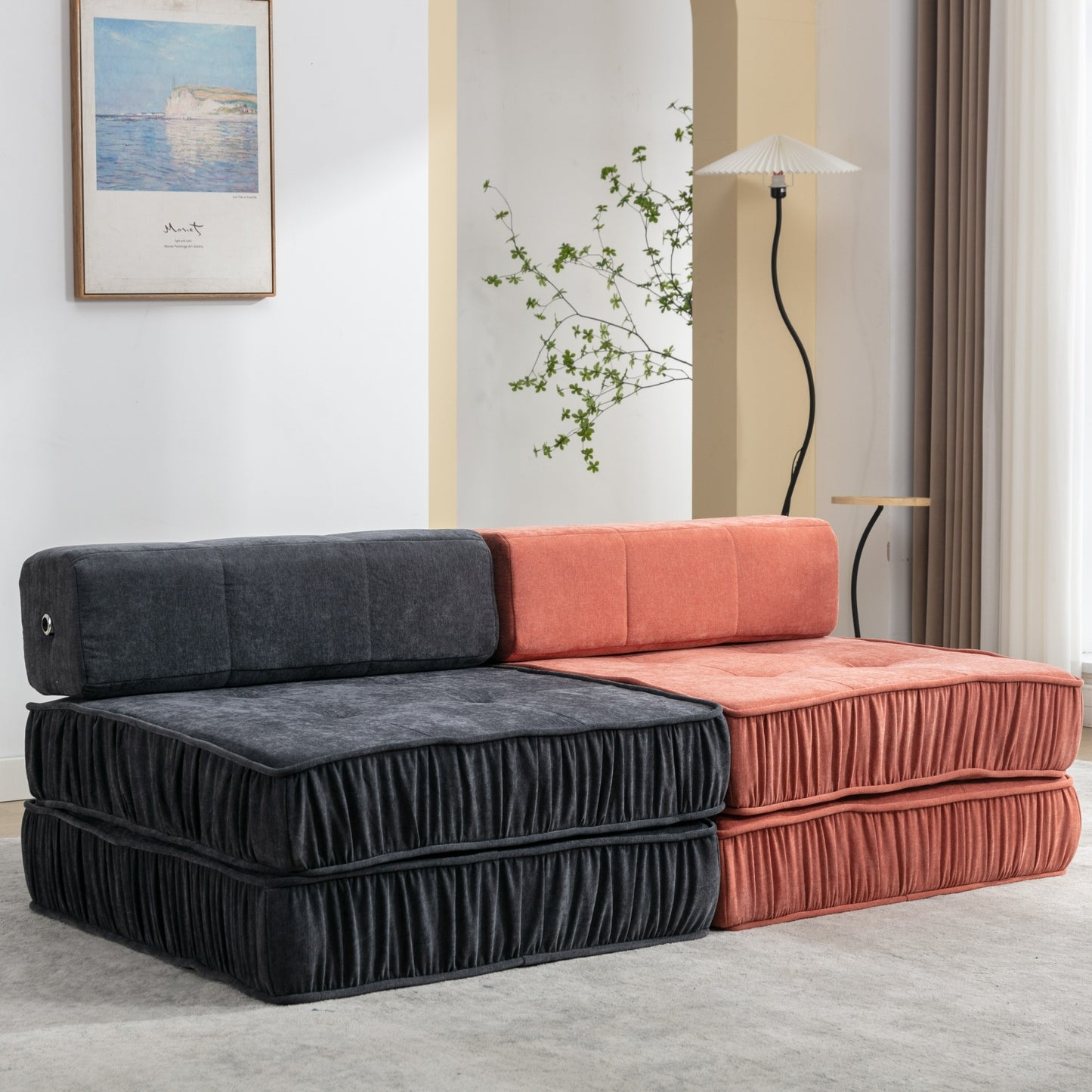 Folding Sofa Bed, Futon Sleeper Chair, Convertible Chair Floor Couch & Sleeping Mattress for Living Room, Guest Room, Home Office, Apartment, Small space, Bed, Removable Back Cushion, Orange, 1 Seat