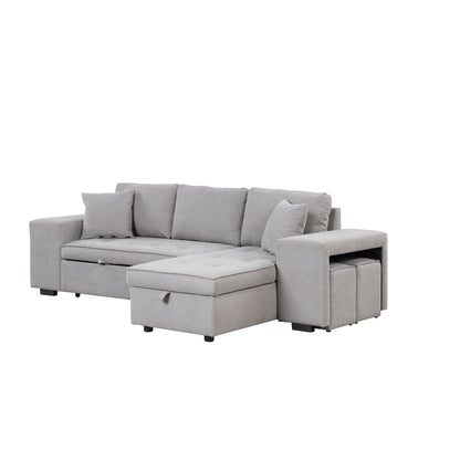 104.5" Pull Out Sleeper Sofa Reversible L-Shape 3 Seat Sectional Couch with Storage Chaise and 2 Stools for Living Room Furniture Set,Gray