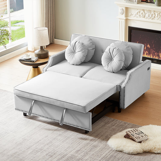 54.7" Multiple Adjustable Positions Sofa Bed Stylish Sofa Bed with a Button Tufted Backrest, Two USB Ports and Four Floral Lumbar Pillows for Living Room, Bedroom,or Small Space, Light Grey