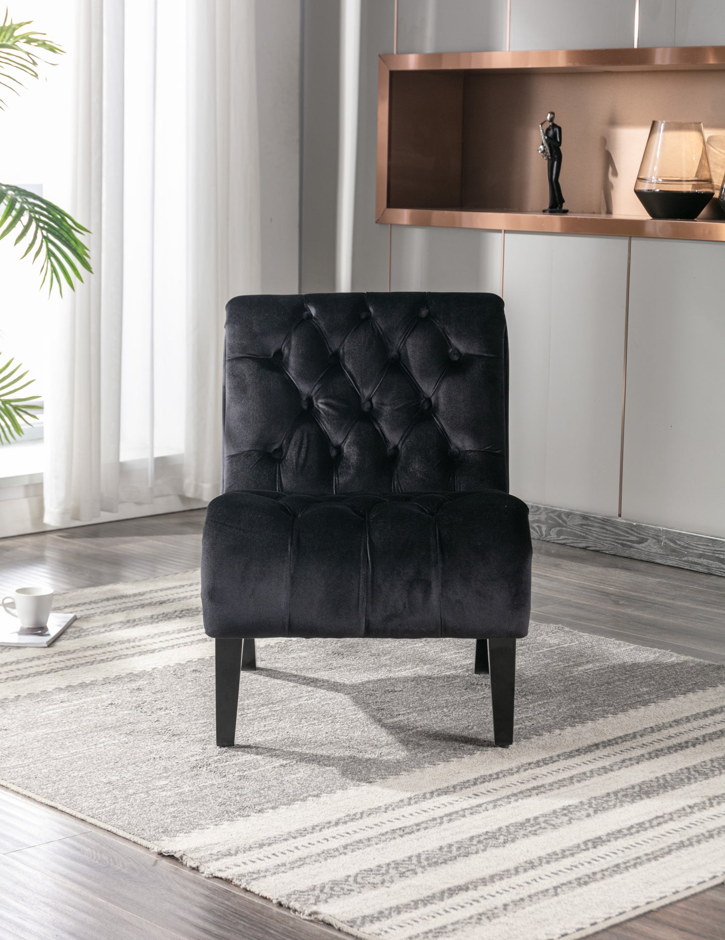 Modern Velvet Armless Accent Living Room Chair / Leisure Chair,Upholstered Fabric Button Comfortable Chair with Wooden Legs for Bedroom, Living Room, Office (Black Velvet)