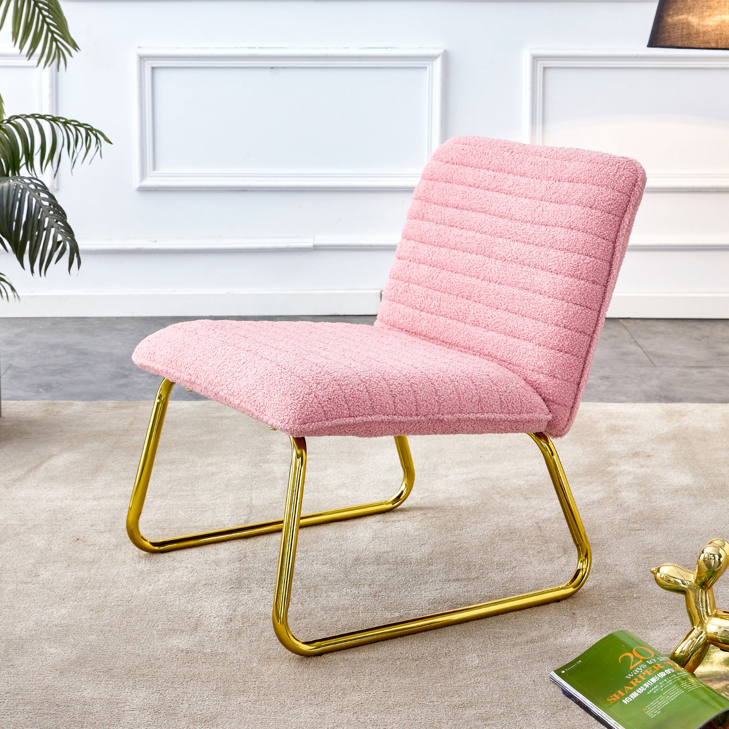 Modern minimalist pink plush fabric single person sofa chair with golden metal legs. Suitable for living room, bedroom, club, comfortable cushioned single person leisure sofa