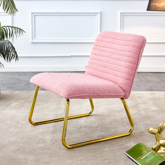 Modern minimalist pink plush fabric single person sofa chair with golden metal legs. Suitable for living room, bedroom, club, comfortable cushioned single person leisure sofa