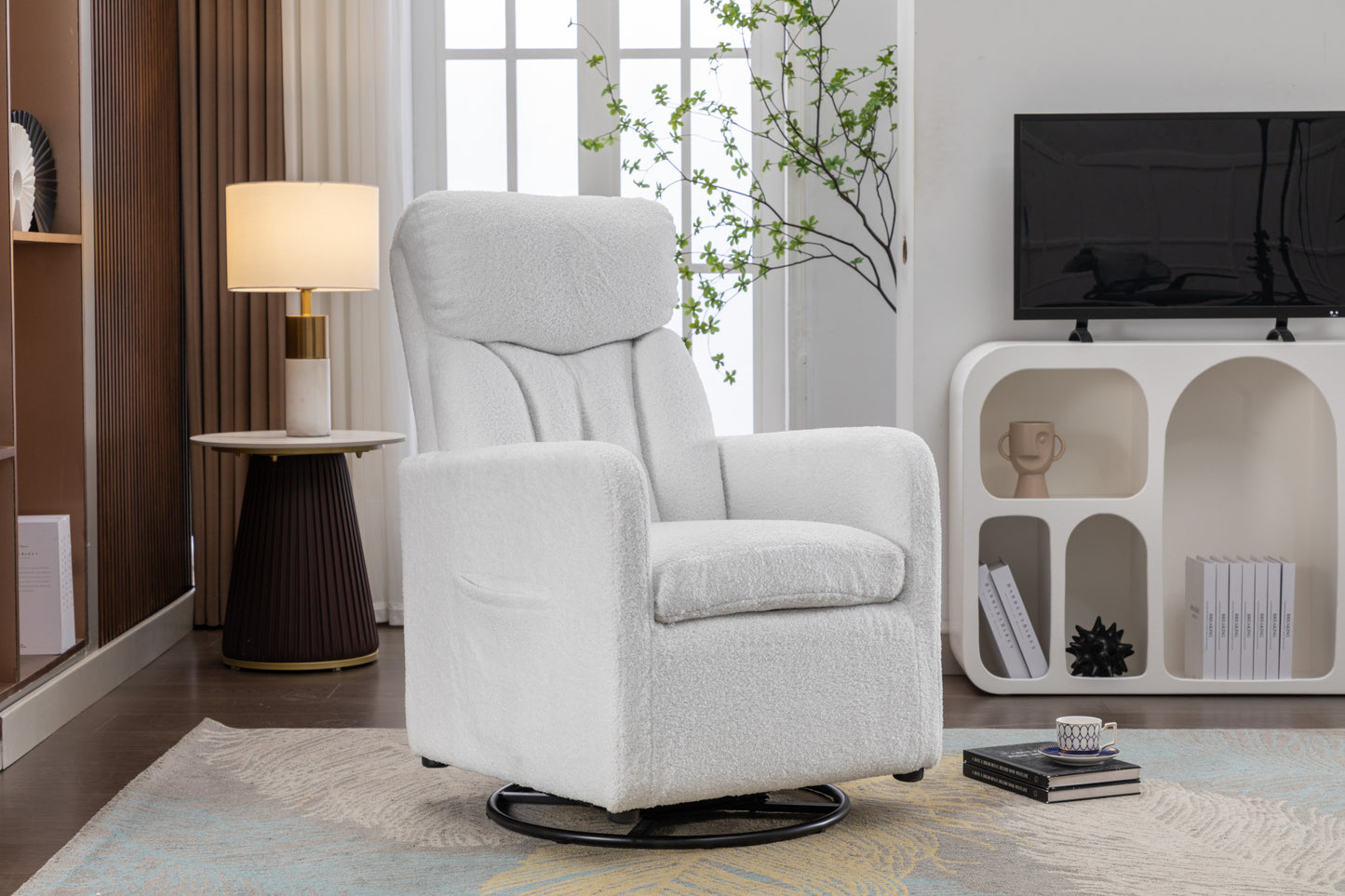 022-Teddy Fabric Swivel Rocking Chair Gilder Chair With Pocket,White