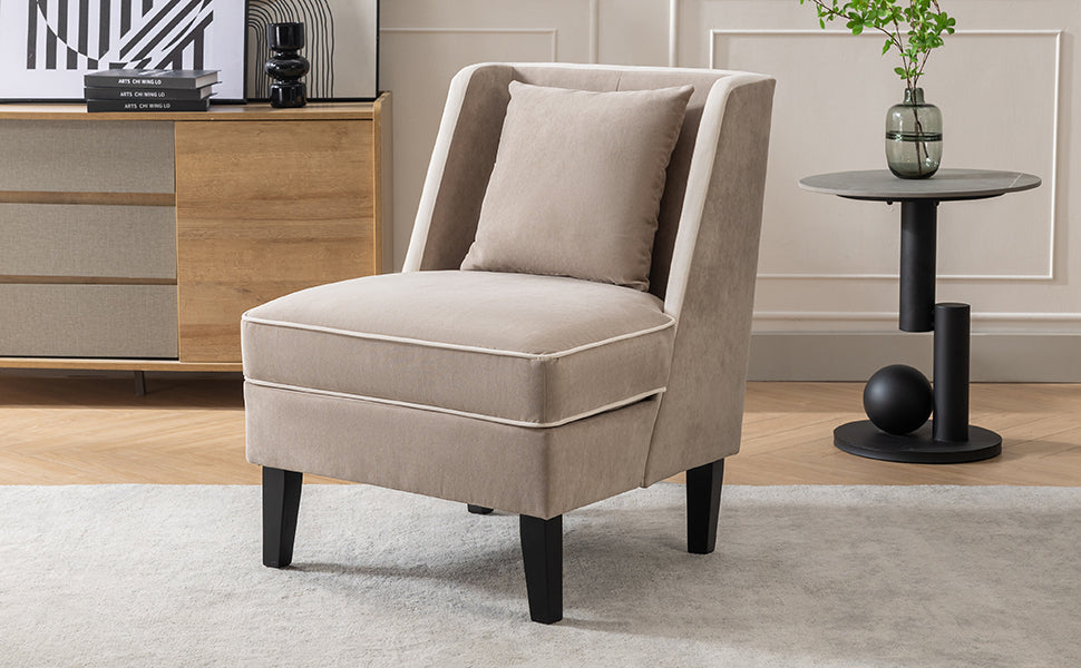 Velvet Upholstered Accent Chair with Cream Piping, Tan and Cream