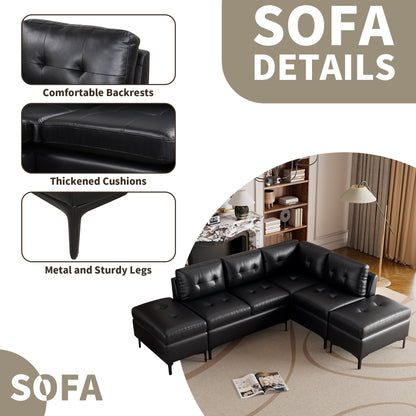 94.88" L-Shaped Corner Sofa Pu Leather Sectional Sofa Couch with Movable Storage Ottomans for Living Room, Black