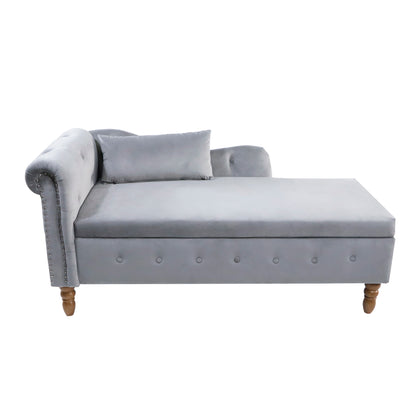 Grey Chaise Lounge Indoor,Velvet Lounge Chair for Bedroom with Storage & Pillow,Modern Upholstered Rolled Arm Chase Lounge for Sleeping with Nailhead Trim for Living Room Bedroom Office