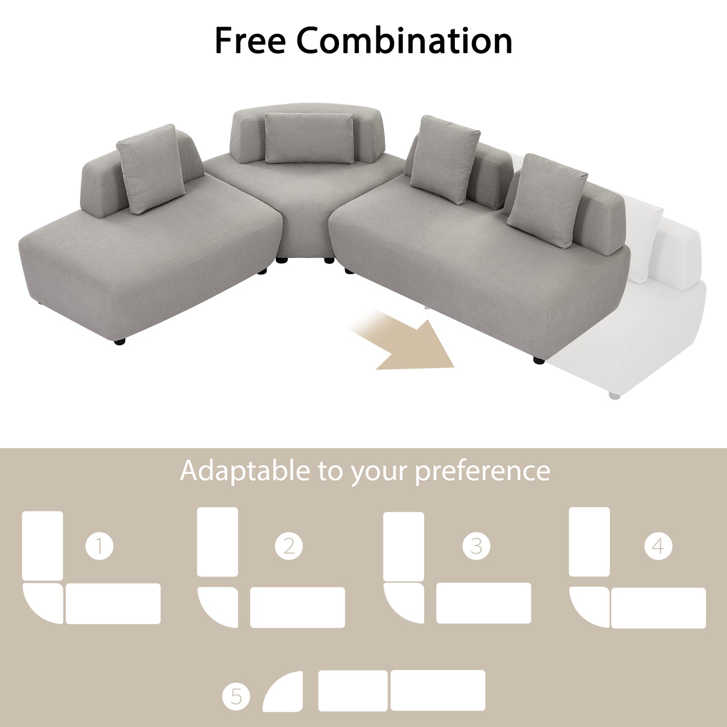 Contemporary 3-piece Sectional Sofa Free Convertible sofa with Four Removable Pillows for Living Room, Grey