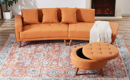 107" Contemporary Sofa Stylish Sofa Couch with a Round Storage Ottoman and Three Removable Pillows for Living Room, Orange