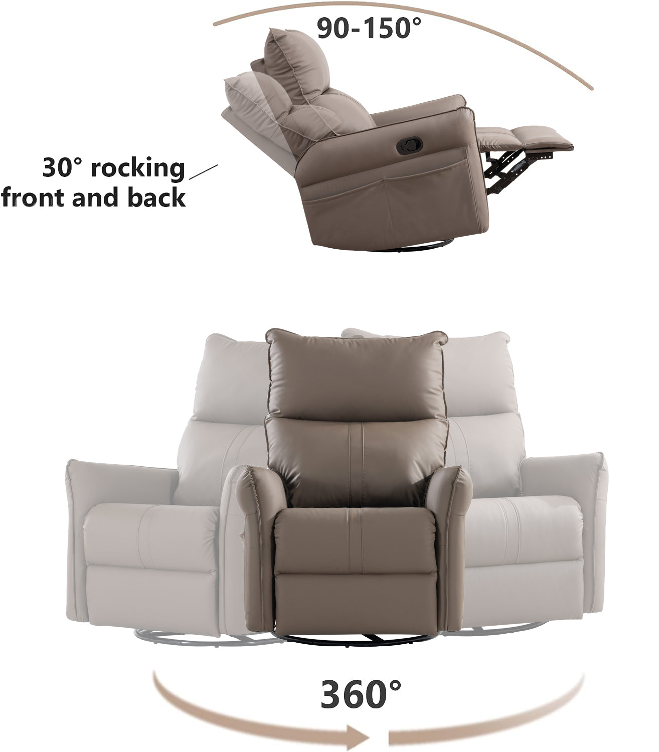 Rocking Recliner Chair,360 Degree Swivel Nursery Rocking Chair,Glider Chair,Modern Small Rocking Swivel Recliner Chair for Bedroom,Living Room Chair Home Theater Seat,Side Pocket(Brown)