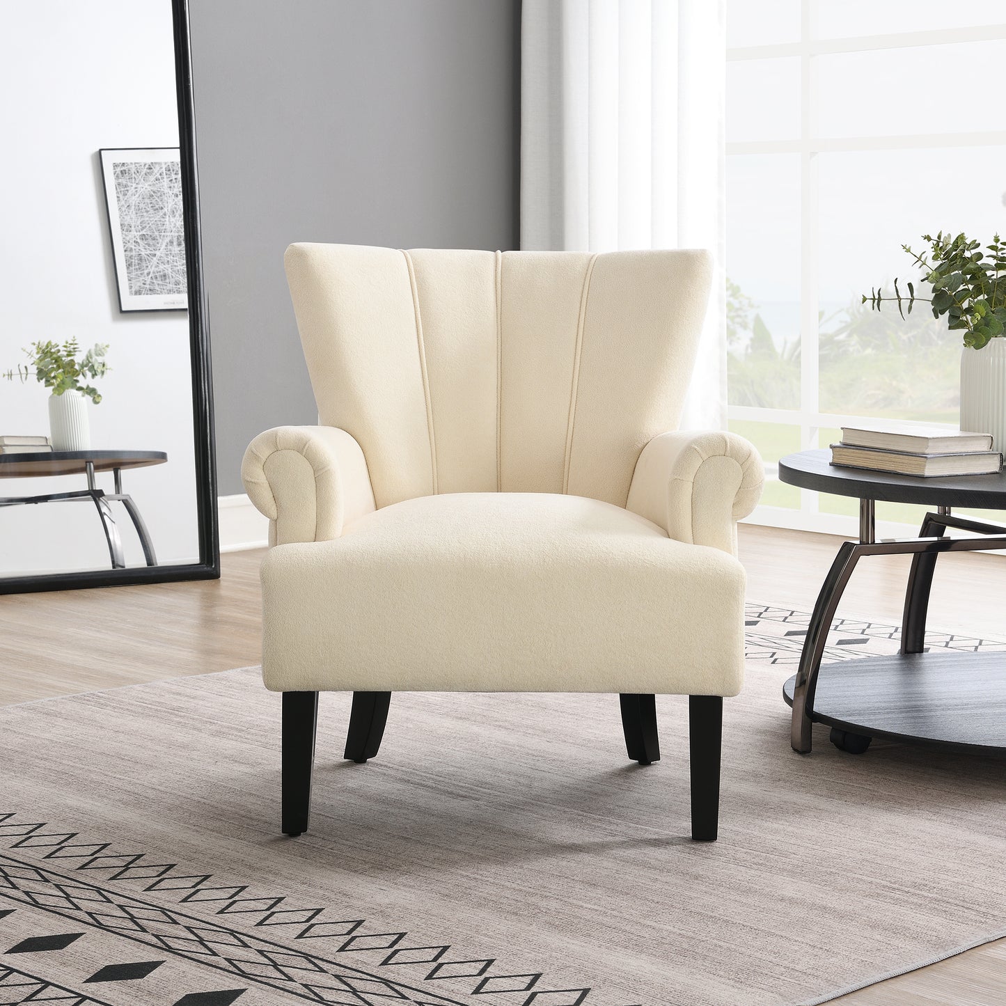 Modern Accent Living Room Chairs,Polyester Armchair Club Chair with channel back, Accent chair for Living room, Bedroom Reading room, soft fabric, wooden Leg, Beige