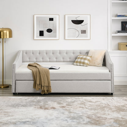 Size Daybed with Twin Size Trundle Upholstered Tufted Sofa Bed, with Button on Back and Copper Nail on Waved Shape Arms, Beige (80.5"x41"x30.5")