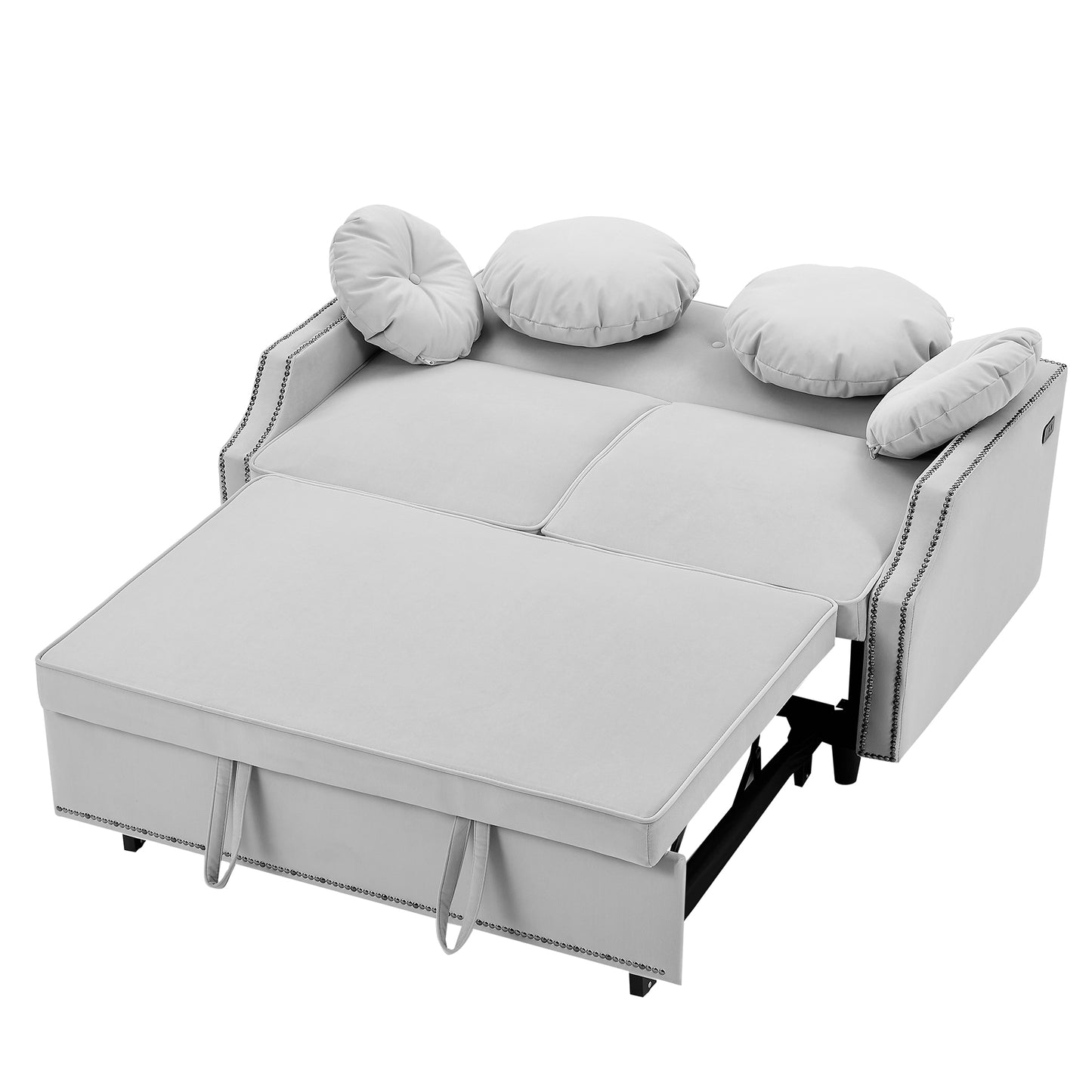 54.7" Multiple Adjustable Positions Sofa Bed Stylish Sofa Bed with a Button Tufted Backrest, Two USB Ports and Four Floral Lumbar Pillows for Living Room, Bedroom,or Small Space, Light Grey